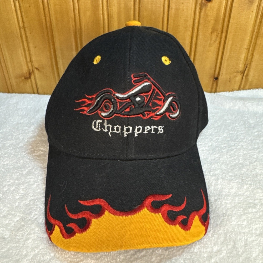 Choppers Adjustable Black‎ Hat With Red Flames Embroidered Motorcycle Chopper